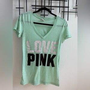 PINK Victoria’s Secret Mint Green Love Pink Tee XS V-Neck Graphic Shirt